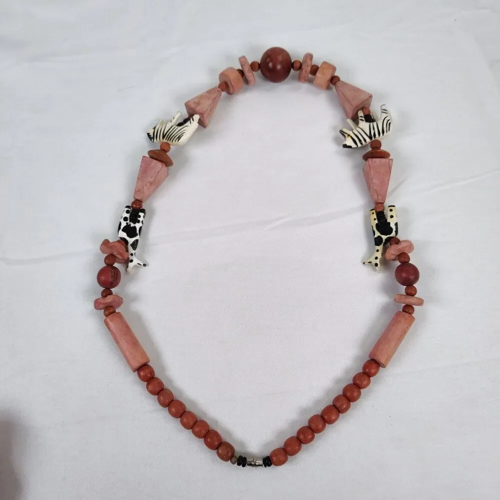 Vintage Carved Wood Chunky Necklace 26in Zebra Giraffe African Safari
